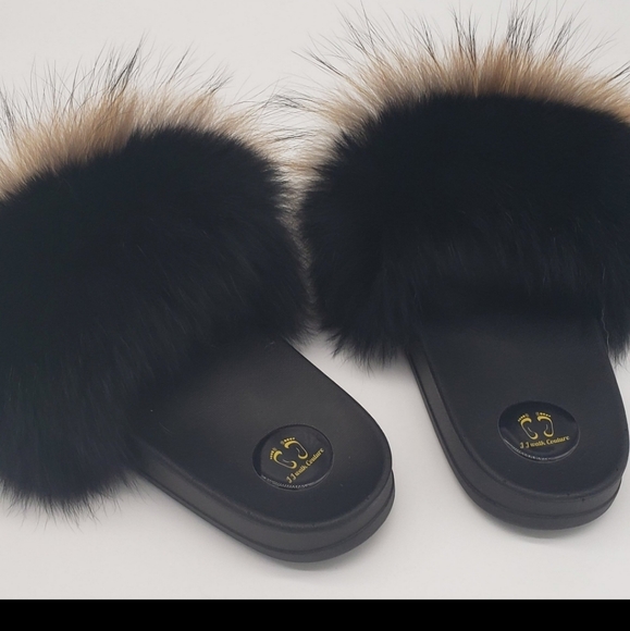 100% Real White Beige Black Fox Fur Slides In-stock Fast shipping - Picture 3 of 5